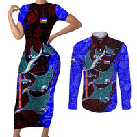South Caribbean Coast Nicaragua Couples Matching Short Sleeve Bodycon Dress and Long Sleeve Button Shirt with Manta Ray Coral Reef and Dive into the Spirit Design - Wonder Print Shop