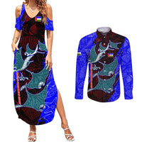 South Caribbean Coast Nicaragua Couples Matching Summer Maxi Dress and Long Sleeve Button Shirt with Manta Ray Coral Reef and Dive into the Spirit Design - Wonder Print Shop