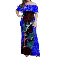 South Caribbean Coast Nicaragua Off Shoulder Maxi Dress with Manta Ray Coral Reef and Dive into the Spirit Design - Wonder Print Shop