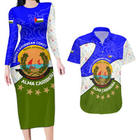 Nicaragua South Caribbean Coast Couples Matching Long Sleeve Bodycon Dress and Hawaiian Shirt with Regional Seal and Ocean Shell Pattern Alma Caribeña Design - Wonder Print Shop
