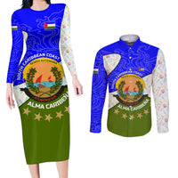 Nicaragua South Caribbean Coast Couples Matching Long Sleeve Bodycon Dress and Long Sleeve Button Shirt with Regional Seal and Ocean Shell Pattern Alma Caribeña Design - Wonder Print Shop