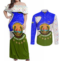 Nicaragua South Caribbean Coast Couples Matching Off Shoulder Maxi Dress and Long Sleeve Button Shirt with Regional Seal and Ocean Shell Pattern Alma Caribeña Design - Wonder Print Shop