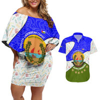 Nicaragua South Caribbean Coast Couples Matching Off Shoulder Short Dress and Hawaiian Shirt with Regional Seal and Ocean Shell Pattern Alma Caribeña Design - Wonder Print Shop
