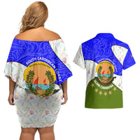 Nicaragua South Caribbean Coast Couples Matching Off Shoulder Short Dress and Hawaiian Shirt with Regional Seal and Ocean Shell Pattern Alma Caribeña Design - Wonder Print Shop