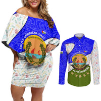 Nicaragua South Caribbean Coast Couples Matching Off Shoulder Short Dress and Long Sleeve Button Shirt with Regional Seal and Ocean Shell Pattern Alma Caribeña Design - Wonder Print Shop