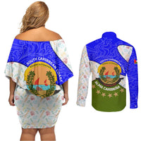 Nicaragua South Caribbean Coast Couples Matching Off Shoulder Short Dress and Long Sleeve Button Shirt with Regional Seal and Ocean Shell Pattern Alma Caribeña Design - Wonder Print Shop