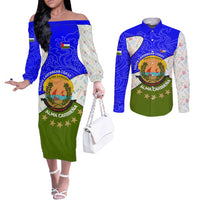 Nicaragua South Caribbean Coast Couples Matching Off The Shoulder Long Sleeve Dress and Long Sleeve Button Shirt with Regional Seal and Ocean Shell Pattern Alma Caribeña Design - Wonder Print Shop