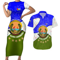 Nicaragua South Caribbean Coast Couples Matching Short Sleeve Bodycon Dress and Hawaiian Shirt with Regional Seal and Ocean Shell Pattern Alma Caribeña Design - Wonder Print Shop
