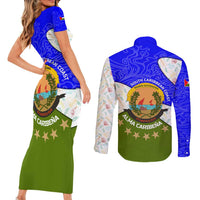 Nicaragua South Caribbean Coast Couples Matching Short Sleeve Bodycon Dress and Long Sleeve Button Shirt with Regional Seal and Ocean Shell Pattern Alma Caribeña Design - Wonder Print Shop