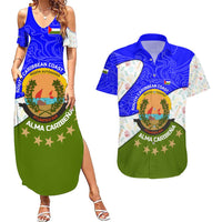Nicaragua South Caribbean Coast Couples Matching Summer Maxi Dress and Hawaiian Shirt with Regional Seal and Ocean Shell Pattern Alma Caribeña Design - Wonder Print Shop
