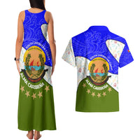 Nicaragua South Caribbean Coast Couples Matching Tank Maxi Dress and Hawaiian Shirt with Regional Seal and Ocean Shell Pattern Alma Caribeña Design - Wonder Print Shop