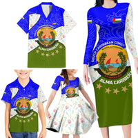 Nicaragua South Caribbean Coast Family Matching Long Sleeve Bodycon Dress and Hawaiian Shirt with Regional Seal and Ocean Shell Pattern Alma Caribeña Design - Wonder Print Shop