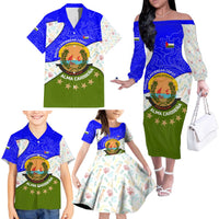 Nicaragua South Caribbean Coast Family Matching Off The Shoulder Long Sleeve Dress and Hawaiian Shirt with Regional Seal and Ocean Shell Pattern Alma Caribeña Design - Wonder Print Shop