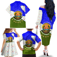 Nicaragua South Caribbean Coast Family Matching Off The Shoulder Long Sleeve Dress and Hawaiian Shirt with Regional Seal and Ocean Shell Pattern Alma Caribeña Design - Wonder Print Shop