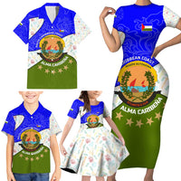 Nicaragua South Caribbean Coast Family Matching Short Sleeve Bodycon Dress and Hawaiian Shirt with Regional Seal and Ocean Shell Pattern Alma Caribeña Design - Wonder Print Shop