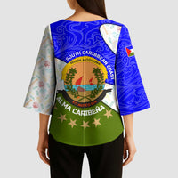 Nicaragua South Caribbean Coast Kimono Sleeve Blouse with Regional Seal and Ocean Shell Pattern Alma Caribeña Design - Wonder Print Shop