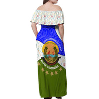 Nicaragua South Caribbean Coast Off Shoulder Maxi Dress with Regional Seal and Ocean Shell Pattern Alma Caribeña Design - Wonder Print Shop