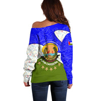Nicaragua South Caribbean Coast Off Shoulder Sweater with Regional Seal and Ocean Shell Pattern Alma Caribeña Design - Wonder Print Shop