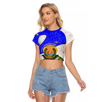 Nicaragua South Caribbean Coast Raglan Cropped T Shirt with Regional Seal and Ocean Shell Pattern Alma Caribeña Design - Wonder Print Shop