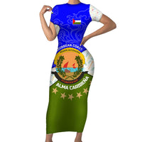 Nicaragua South Caribbean Coast Short Sleeve Bodycon Dress with Regional Seal and Ocean Shell Pattern Alma Caribeña Design - Wonder Print Shop