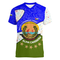 Nicaragua South Caribbean Coast Women V-Neck T-Shirt with Regional Seal and Ocean Shell Pattern Alma Caribeña Design - Wonder Print Shop