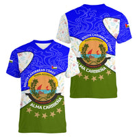 Nicaragua South Caribbean Coast Women V-Neck T-Shirt with Regional Seal and Ocean Shell Pattern Alma Caribeña Design - Wonder Print Shop