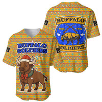 Buffalo Soldiers Christmas Baseball Jersey with Yellow Cartoon Buffalo Santa Hat Design - Wonder Print Shop