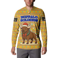 Buffalo Soldiers Christmas Button Sweatshirt with Yellow Cartoon Buffalo Santa Hat Design - Wonder Print Shop