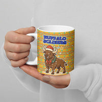 Buffalo Soldiers Christmas Ceramic Mug with Yellow Cartoon Buffalo Santa Hat Design - Wonder Print Shop