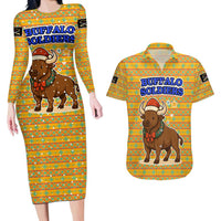 Buffalo Soldiers Christmas Couples Matching Long Sleeve Bodycon Dress and Hawaiian Shirt with Yellow Cartoon Buffalo Santa Hat Design - Wonder Print Shop