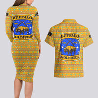 Buffalo Soldiers Christmas Couples Matching Long Sleeve Bodycon Dress and Hawaiian Shirt with Yellow Cartoon Buffalo Santa Hat Design - Wonder Print Shop