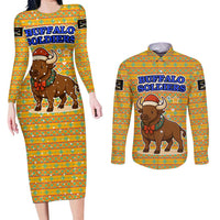 Buffalo Soldiers Christmas Couples Matching Long Sleeve Bodycon Dress and Long Sleeve Button Shirt with Yellow Cartoon Buffalo Santa Hat Design - Wonder Print Shop