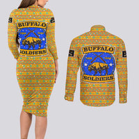 Buffalo Soldiers Christmas Couples Matching Long Sleeve Bodycon Dress and Long Sleeve Button Shirt with Yellow Cartoon Buffalo Santa Hat Design - Wonder Print Shop