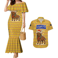 Buffalo Soldiers Christmas Couples Matching Mermaid Dress and Hawaiian Shirt with Yellow Cartoon Buffalo Santa Hat Design - Wonder Print Shop