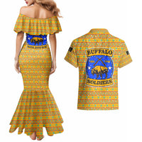 Buffalo Soldiers Christmas Couples Matching Mermaid Dress and Hawaiian Shirt with Yellow Cartoon Buffalo Santa Hat Design - Wonder Print Shop