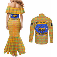 Buffalo Soldiers Christmas Couples Matching Mermaid Dress and Long Sleeve Button Shirt with Yellow Cartoon Buffalo Santa Hat Design - Wonder Print Shop