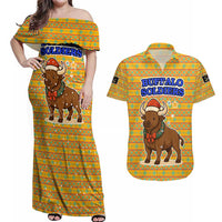Buffalo Soldiers Christmas Couples Matching Off Shoulder Maxi Dress and Hawaiian Shirt with Yellow Cartoon Buffalo Santa Hat Design - Wonder Print Shop