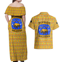 Buffalo Soldiers Christmas Couples Matching Off Shoulder Maxi Dress and Hawaiian Shirt with Yellow Cartoon Buffalo Santa Hat Design - Wonder Print Shop