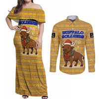 Buffalo Soldiers Christmas Couples Matching Off Shoulder Maxi Dress and Long Sleeve Button Shirt with Yellow Cartoon Buffalo Santa Hat Design - Wonder Print Shop