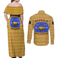Buffalo Soldiers Christmas Couples Matching Off Shoulder Maxi Dress and Long Sleeve Button Shirt with Yellow Cartoon Buffalo Santa Hat Design - Wonder Print Shop