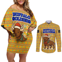 Buffalo Soldiers Christmas Couples Matching Off Shoulder Short Dress and Long Sleeve Button Shirt with Yellow Cartoon Buffalo Santa Hat Design - Wonder Print Shop