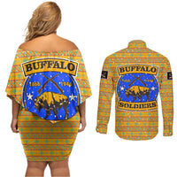 Buffalo Soldiers Christmas Couples Matching Off Shoulder Short Dress and Long Sleeve Button Shirt with Yellow Cartoon Buffalo Santa Hat Design - Wonder Print Shop