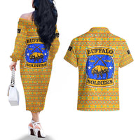 Buffalo Soldiers Christmas Couples Matching Off The Shoulder Long Sleeve Dress and Hawaiian Shirt with Yellow Cartoon Buffalo Santa Hat Design - Wonder Print Shop