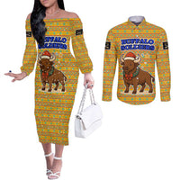 Buffalo Soldiers Christmas Couples Matching Off The Shoulder Long Sleeve Dress and Long Sleeve Button Shirt with Yellow Cartoon Buffalo Santa Hat Design - Wonder Print Shop