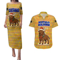 Buffalo Soldiers Christmas Couples Matching Puletasi and Hawaiian Shirt with Yellow Cartoon Buffalo Santa Hat Design - Wonder Print Shop