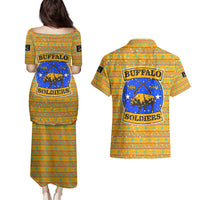 Buffalo Soldiers Christmas Couples Matching Puletasi and Hawaiian Shirt with Yellow Cartoon Buffalo Santa Hat Design - Wonder Print Shop