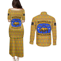 Buffalo Soldiers Christmas Couples Matching Puletasi and Long Sleeve Button Shirt with Yellow Cartoon Buffalo Santa Hat Design - Wonder Print Shop