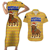 Buffalo Soldiers Christmas Couples Matching Short Sleeve Bodycon Dress and Hawaiian Shirt with Yellow Cartoon Buffalo Santa Hat Design - Wonder Print Shop