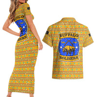 Buffalo Soldiers Christmas Couples Matching Short Sleeve Bodycon Dress and Hawaiian Shirt with Yellow Cartoon Buffalo Santa Hat Design - Wonder Print Shop