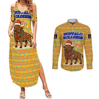 Buffalo Soldiers Christmas Couples Matching Summer Maxi Dress and Long Sleeve Button Shirt with Yellow Cartoon Buffalo Santa Hat Design - Wonder Print Shop